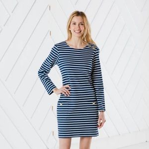 Sail to Sable 100% Cotton Stripe Long Sleeve Button Neck Dress Navy Ivory Gold M